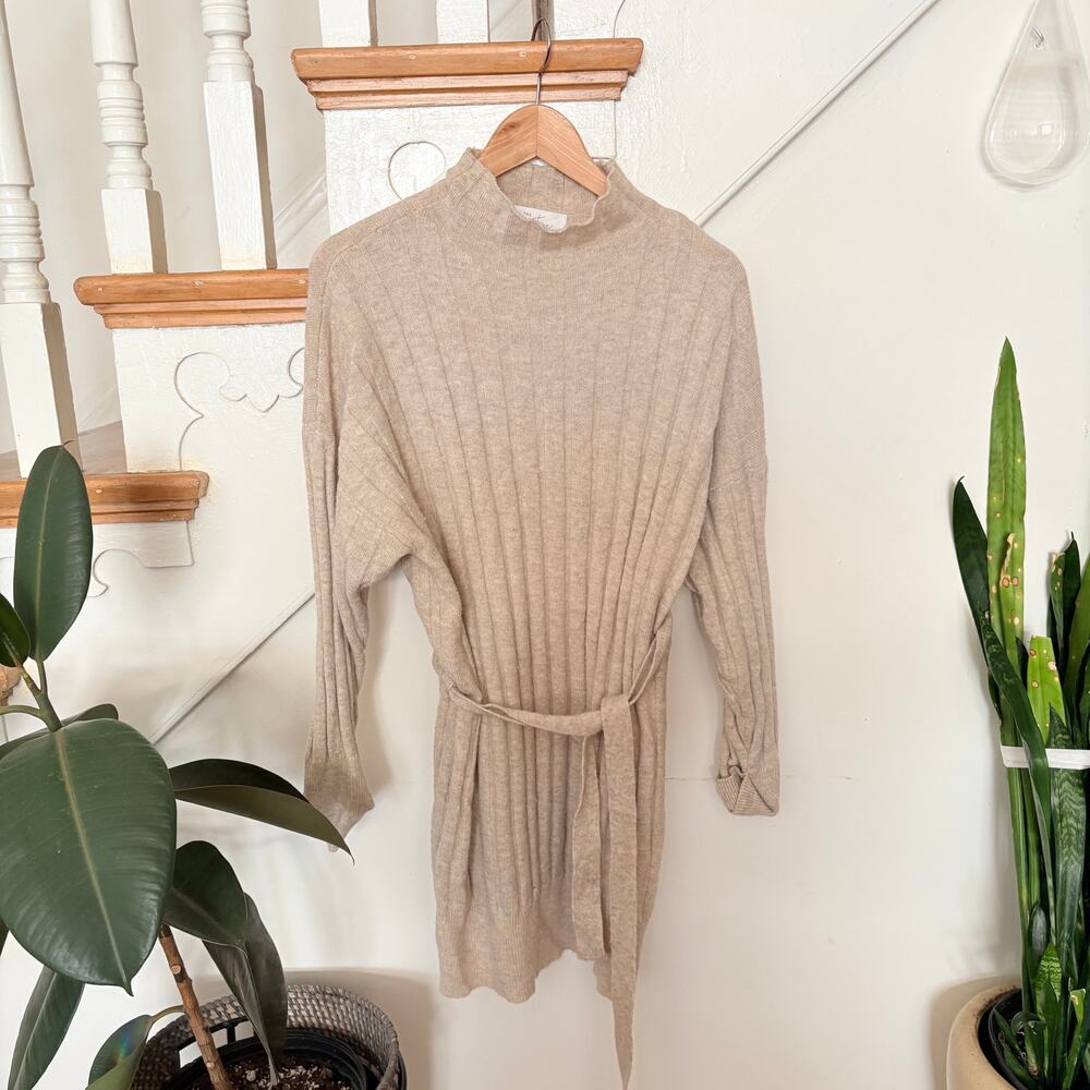 The Native One Ribbed Knit Sweater Dress Beige Mock Neck Belted Size Small